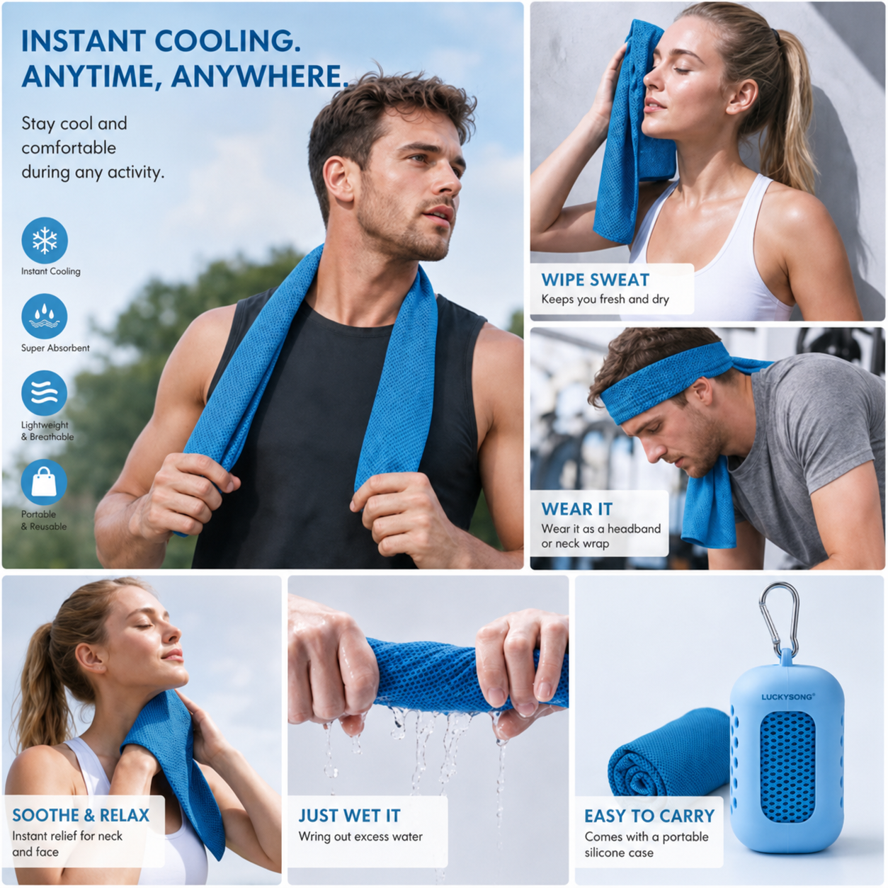 LUCKYSONG® CoolFlex Pro Cooling Towel Kit — Upgraded cooling comfort with a soft ventilated silicone case, made for workouts, travel, hiking, and hot weather.