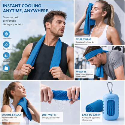 LUCKYSONG® CoolFlex Pro Cooling Towel Kit — Upgraded cooling comfort with a soft ventilated silicone case, made for workouts, travel, hiking, and hot weather.