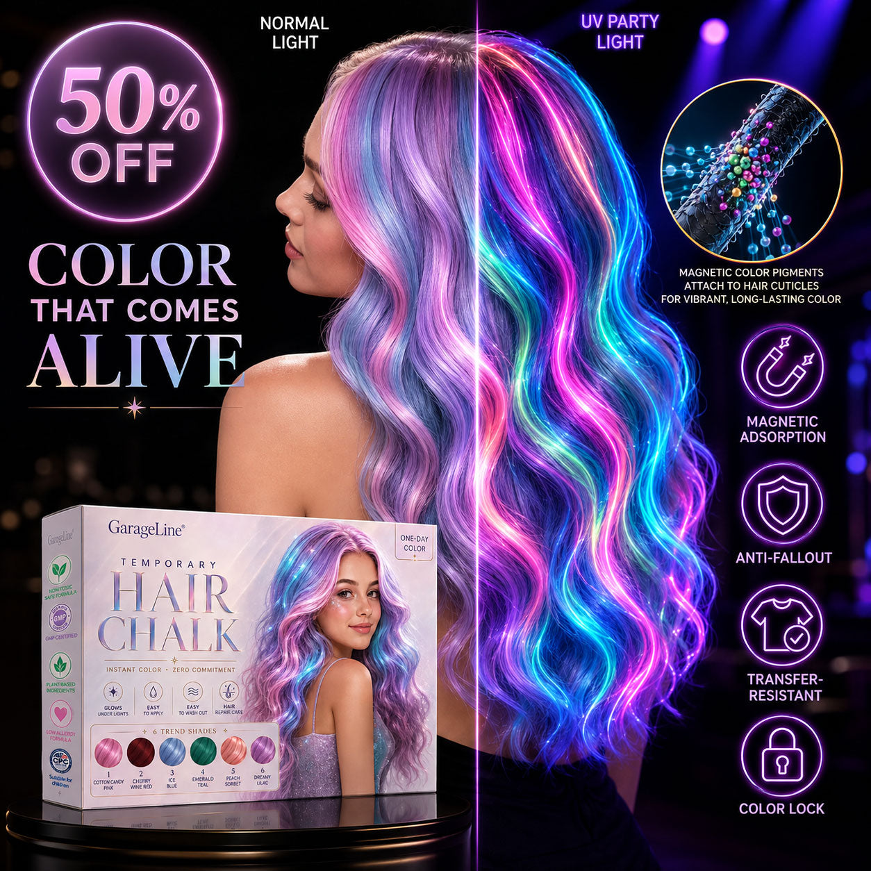 🔥Save 50% Today丨GarageLine® 3-in-1 Luminous Temporary Hair Chalk — Instant Color, Hair Repair & Party-Light Glow🌌