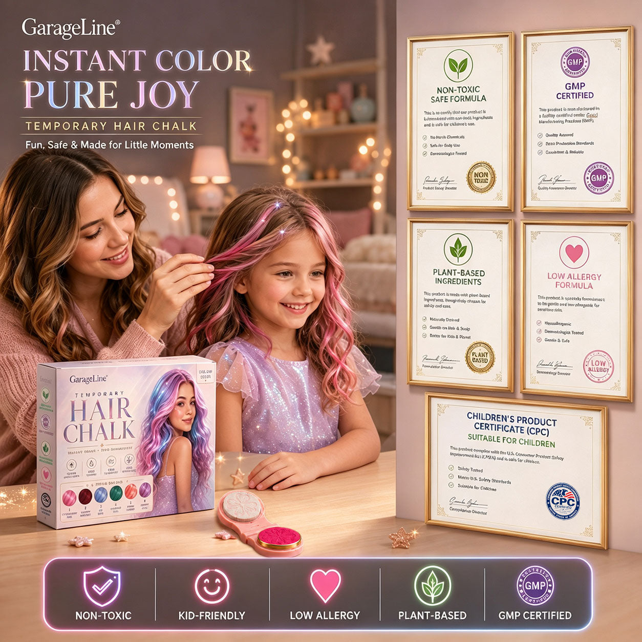 🔥Save 50% Today丨GarageLine® 3-in-1 Luminous Temporary Hair Chalk — Instant Color, Hair Repair & Party-Light Glow🌌