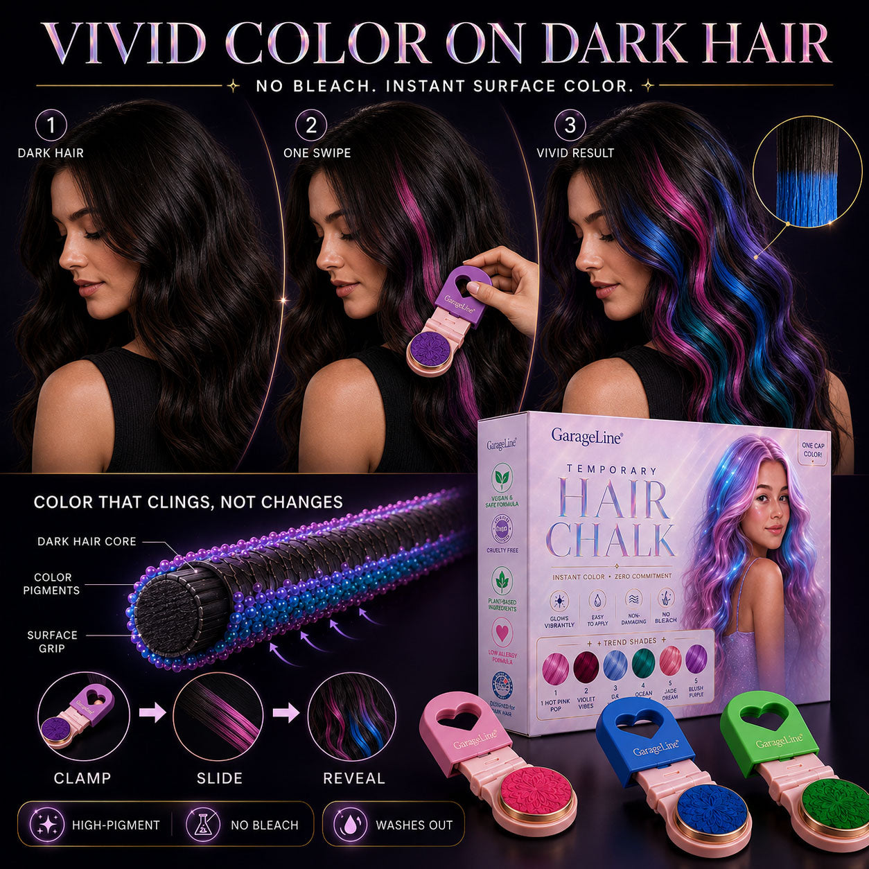 🔥Save 50% Today丨GarageLine® 3-in-1 Luminous Temporary Hair Chalk — Instant Color, Hair Repair & Party-Light Glow🌌