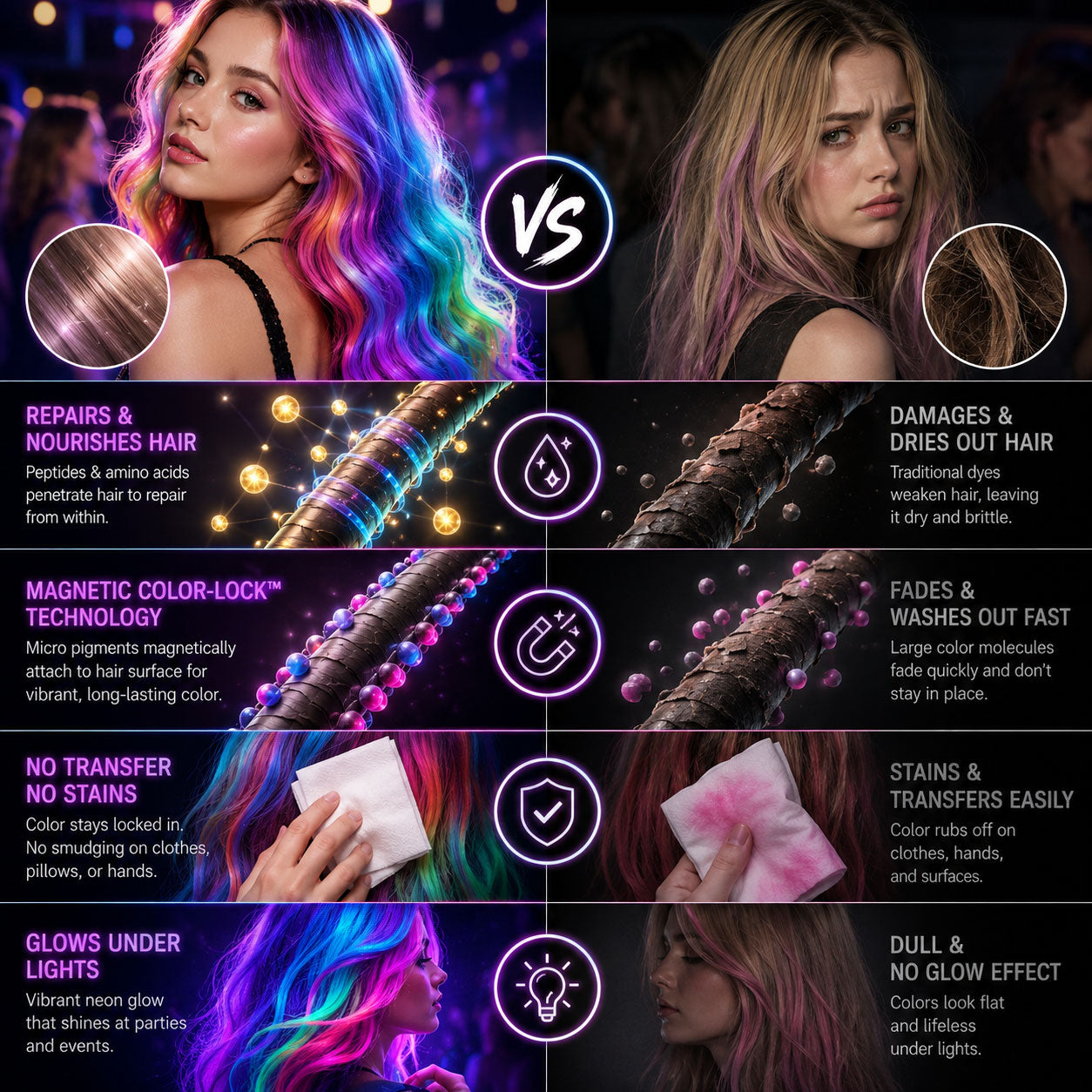 🔥Save 50% Today丨GarageLine® 3-in-1 Luminous Temporary Hair Chalk — Instant Color, Hair Repair & Party-Light Glow🌌