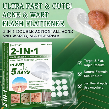 📌Hudros® 2-in-1 Microneedle & Hydrocolloid Patch | Raised Moles,Acne,  Flat Warts & Skin Tags Remover | Improves Wrinkles, Scars & Blemishes | Invisible Star Pimple Patches for Face & Body | 144 Count