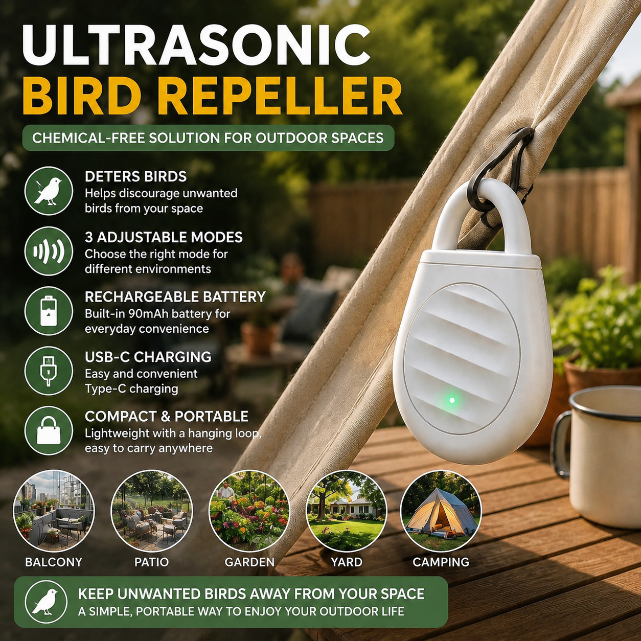 🐦Portable Ultrasonic Bird Repeller – Compact & Rechargeable