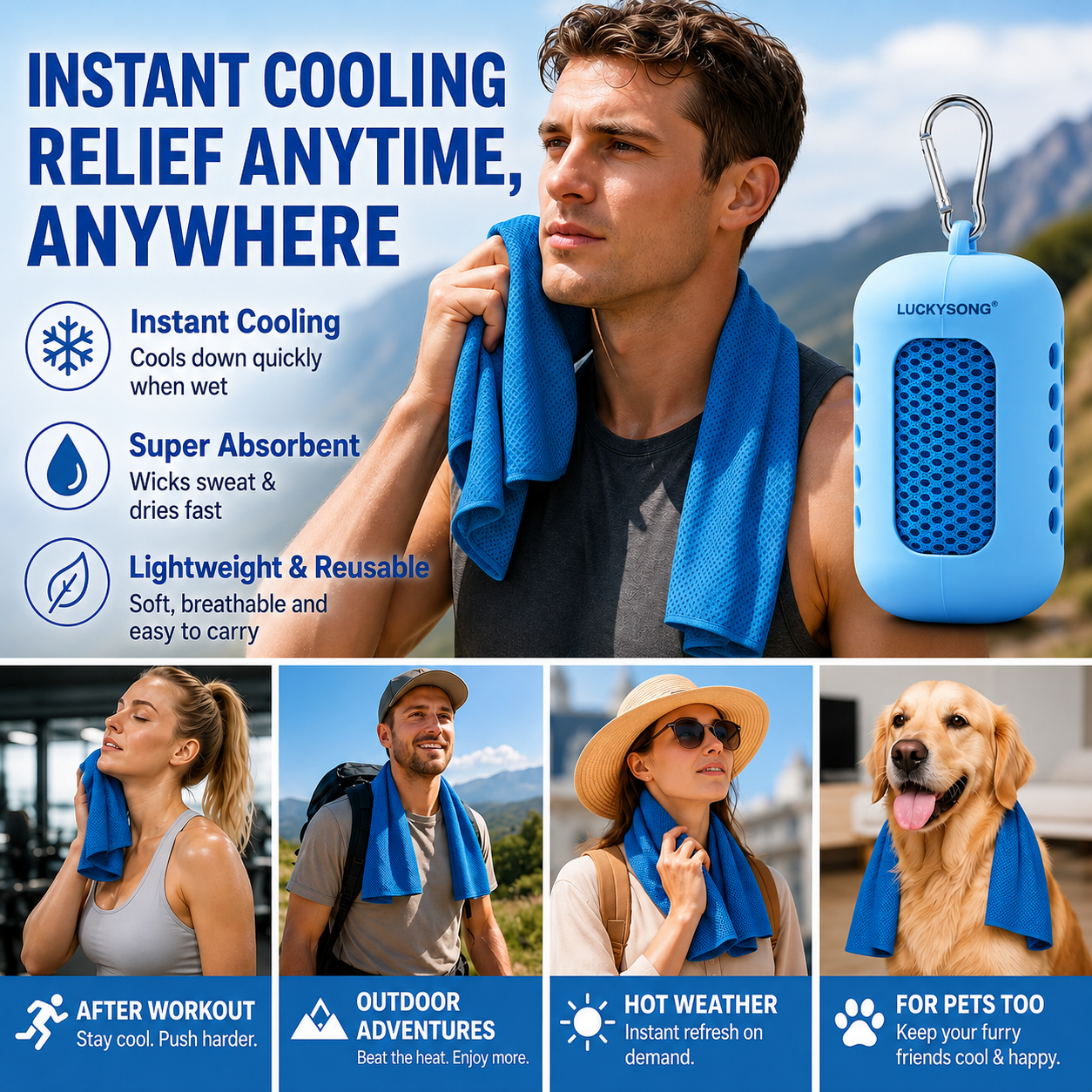 LUCKYSONG® CoolFlex Pro Cooling Towel Kit — Upgraded cooling comfort with a soft ventilated silicone case, made for workouts, travel, hiking, and hot weather.